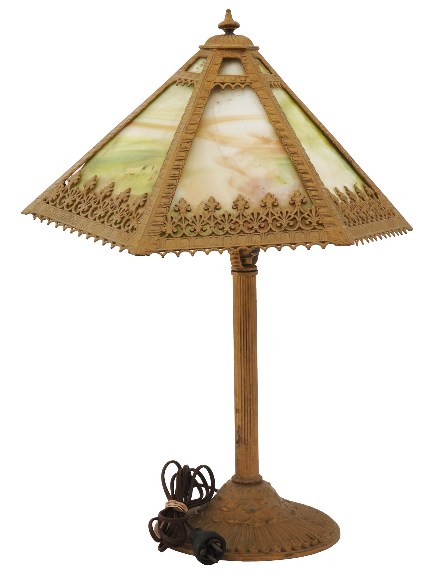 RAINAUD BRONZE TABLE LAMP WITH SLAG GLASS SHADE PIC-1